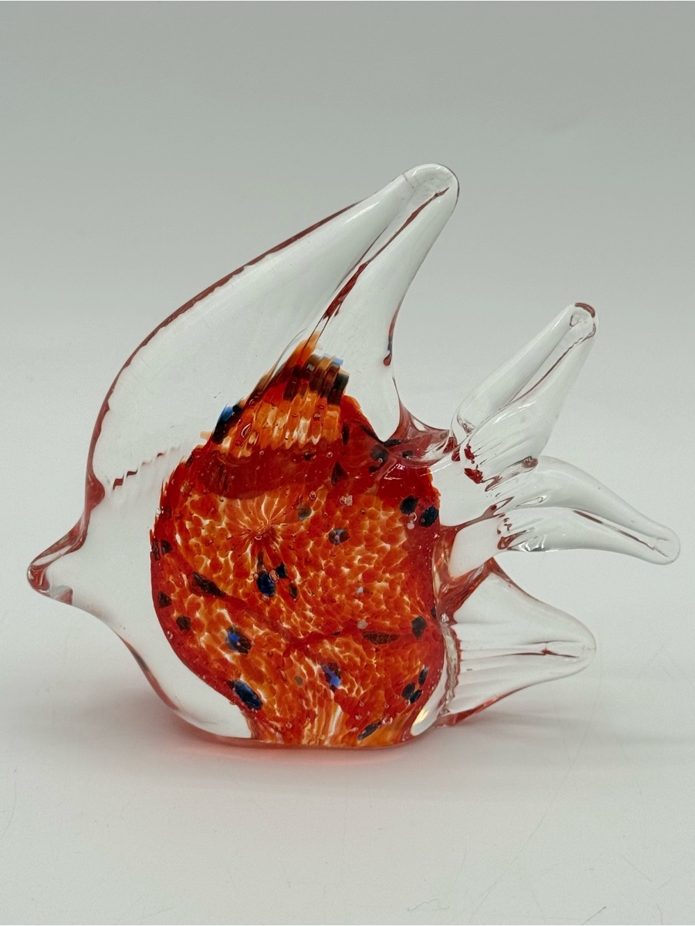 Hand Blown Art Glass Tropical Fish Figurine Orange Red Blue Speckled 4” Decor